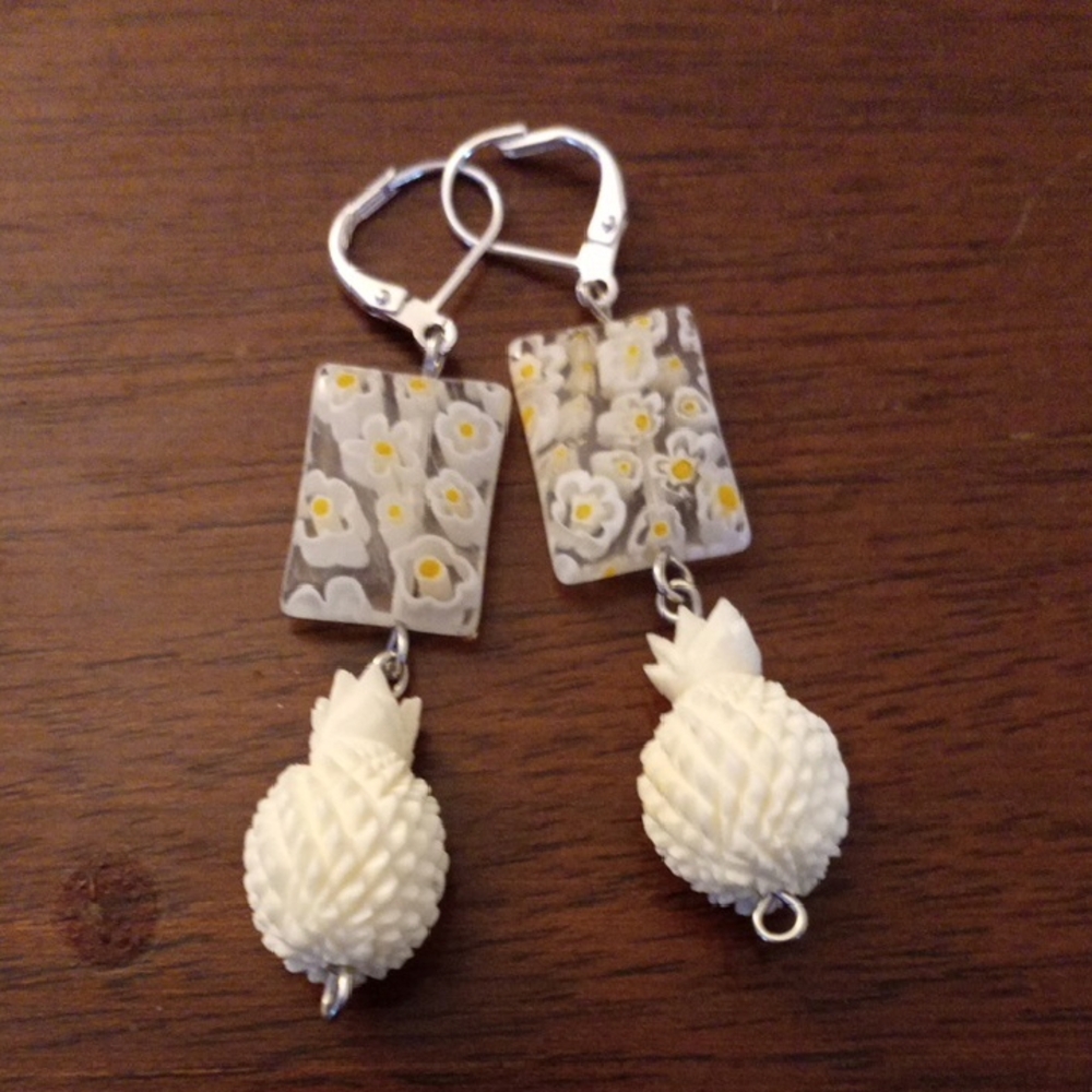 Floral and Pineapple Dangle Earrings